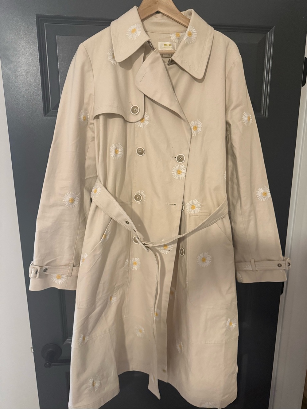 Maeve by Anthropologie Beige Daisy-Embroidered Trench Coat
